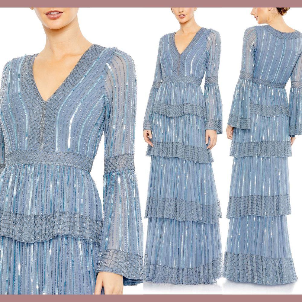 NWT $698 Mac‎ Duggal [ 12 ] Embellished Bell Sleeves Tiered Gown Blue #G1918
